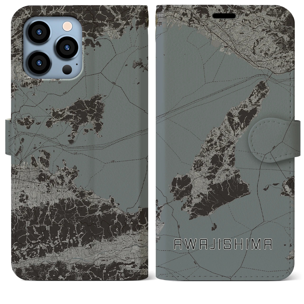 【淡路島2(兵庫県)】地図柄iPhoneケース(手帳タイプ)モノトーン・iPhone 13 Pro Max 用