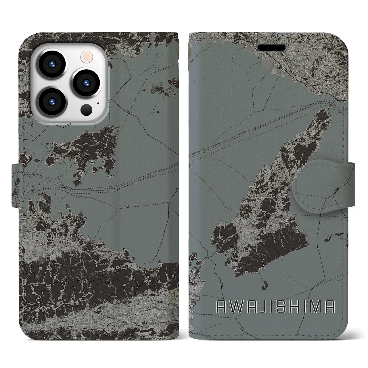 【淡路島2(兵庫県)】地図柄iPhoneケース(手帳タイプ)モノトーン・iPhone 13 Pro 用