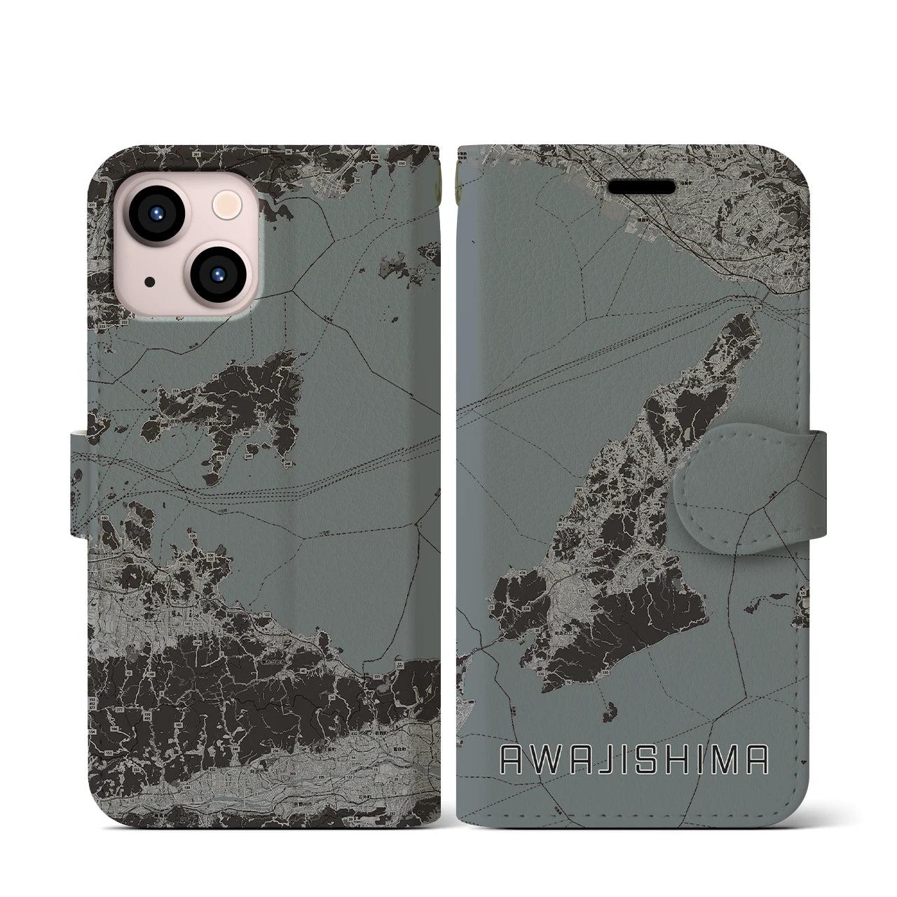 【淡路島2(兵庫県)】地図柄iPhoneケース(手帳タイプ)モノトーン・iPhone 13 mini 用
