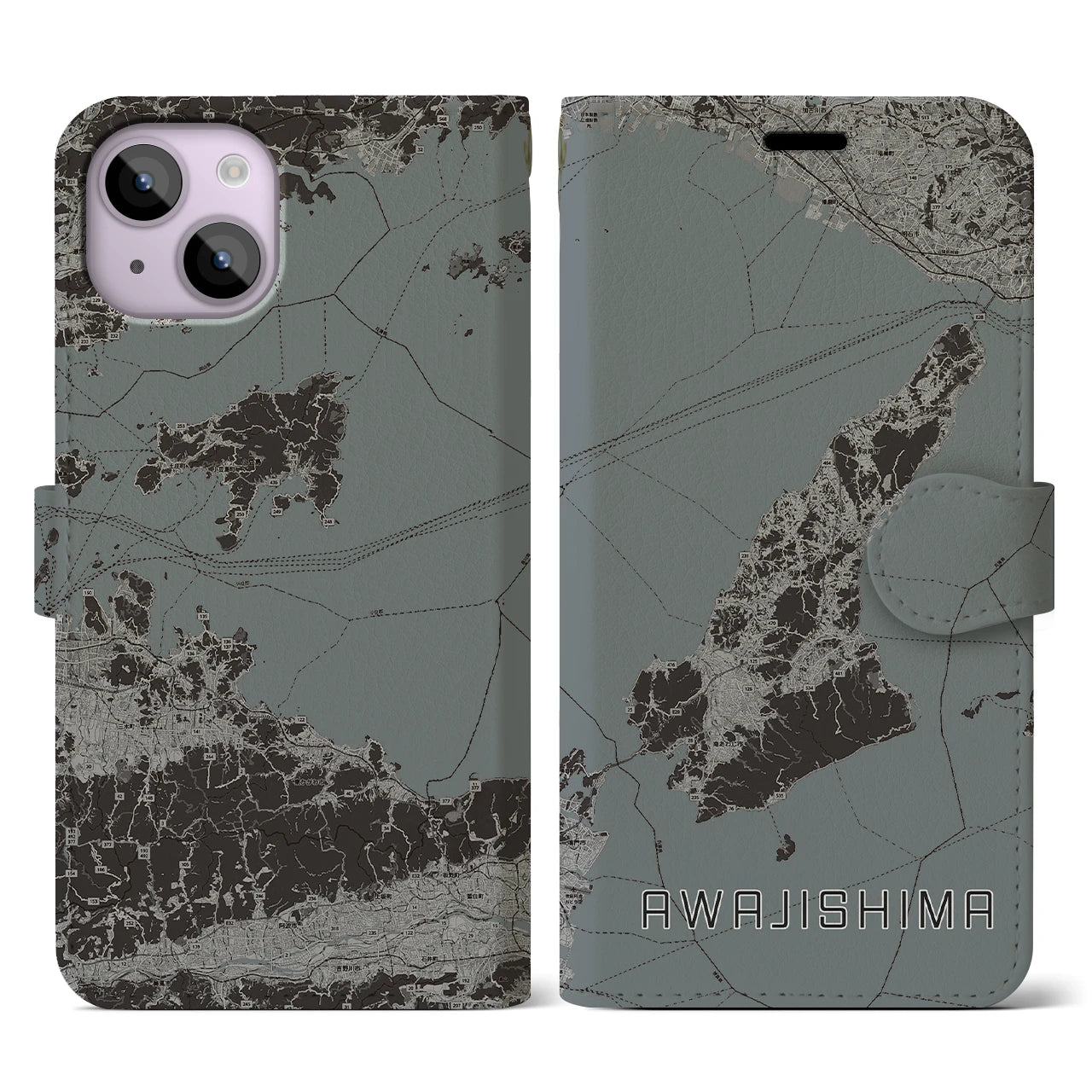 【淡路島2(兵庫県)】地図柄iPhoneケース(手帳タイプ)モノトーン・iPhone 14 用