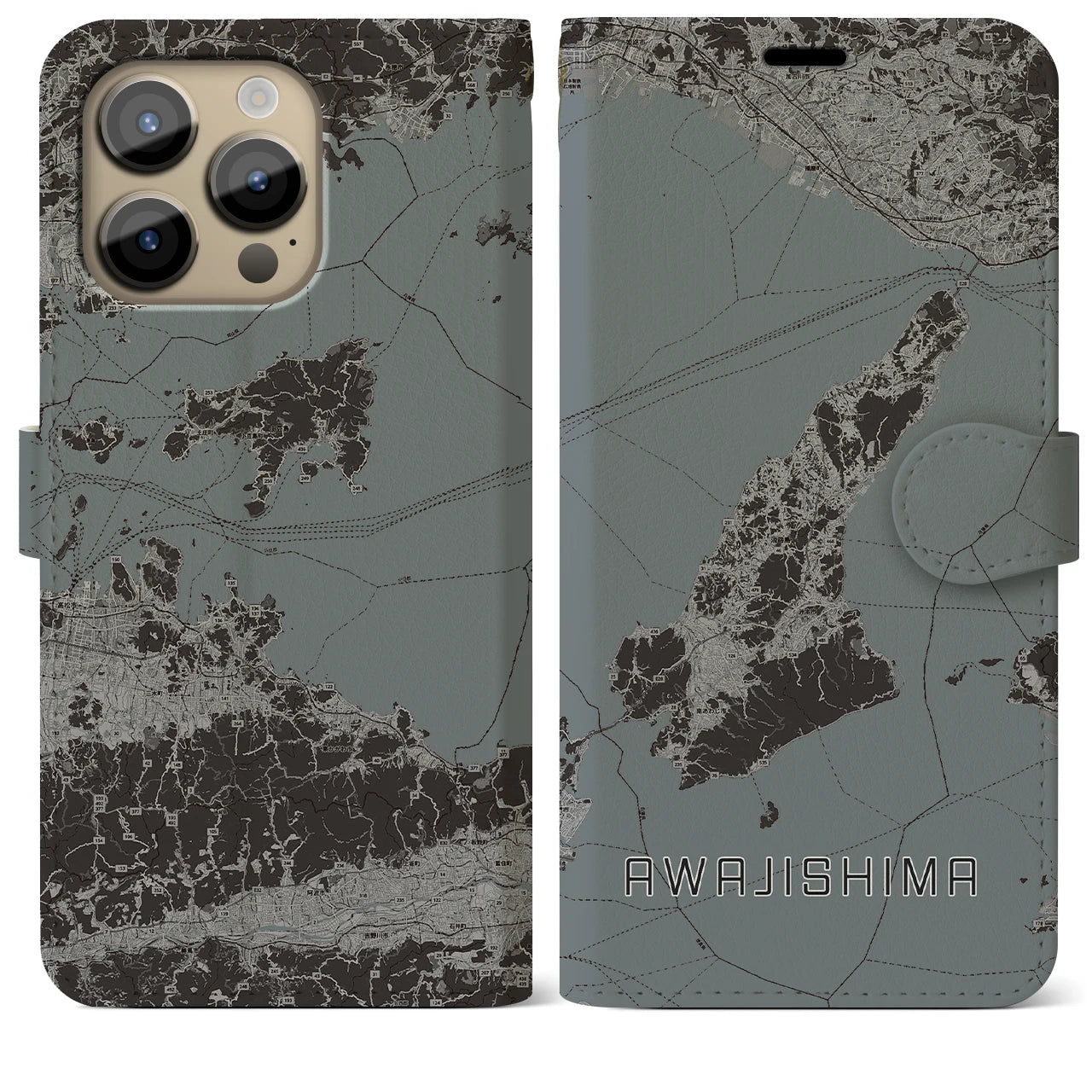 【淡路島2(兵庫県)】地図柄iPhoneケース(手帳タイプ)モノトーン・iPhone 14 Pro Max 用