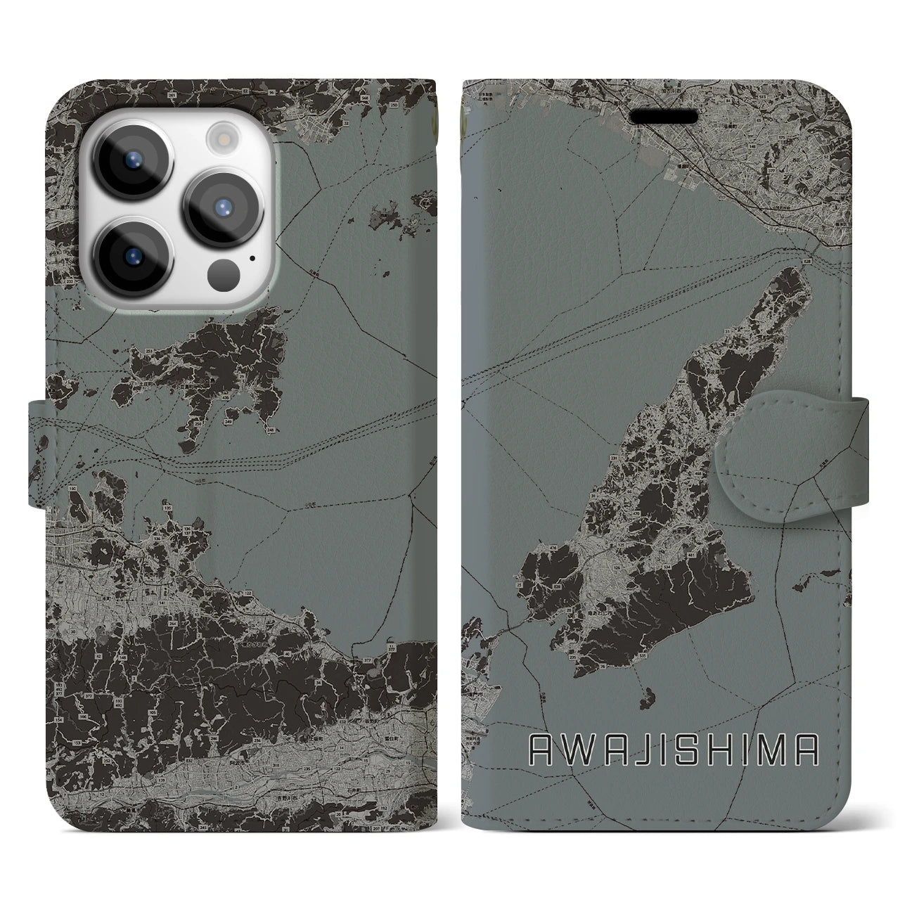 【淡路島2(兵庫県)】地図柄iPhoneケース(手帳タイプ)モノトーン・iPhone 14 Pro 用
