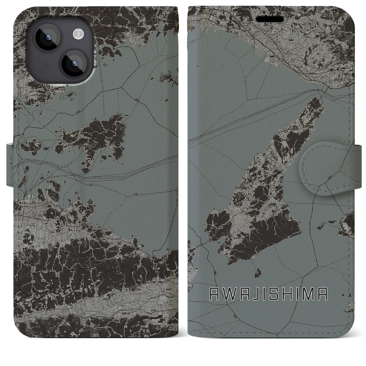 【淡路島2(兵庫県)】地図柄iPhoneケース(手帳タイプ)モノトーン・iPhone 14 Plus 用