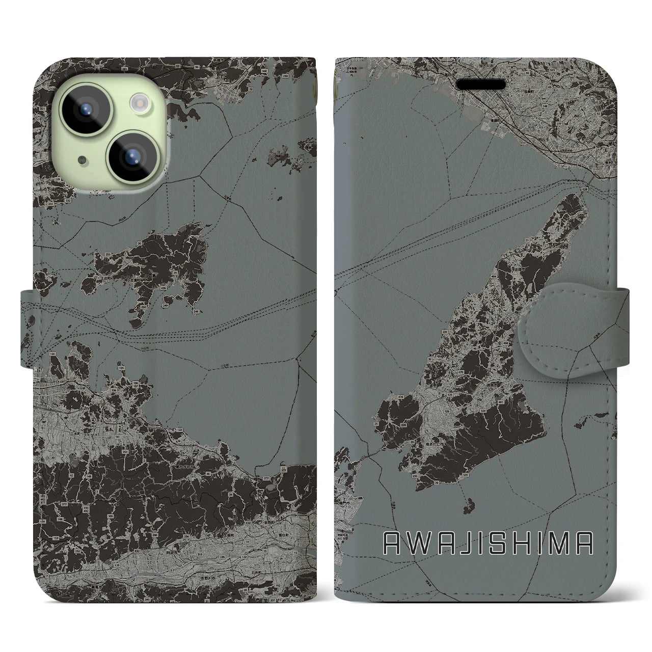 【淡路島2(兵庫県)】地図柄iPhoneケース(手帳タイプ)モノトーン・iPhone 15 用