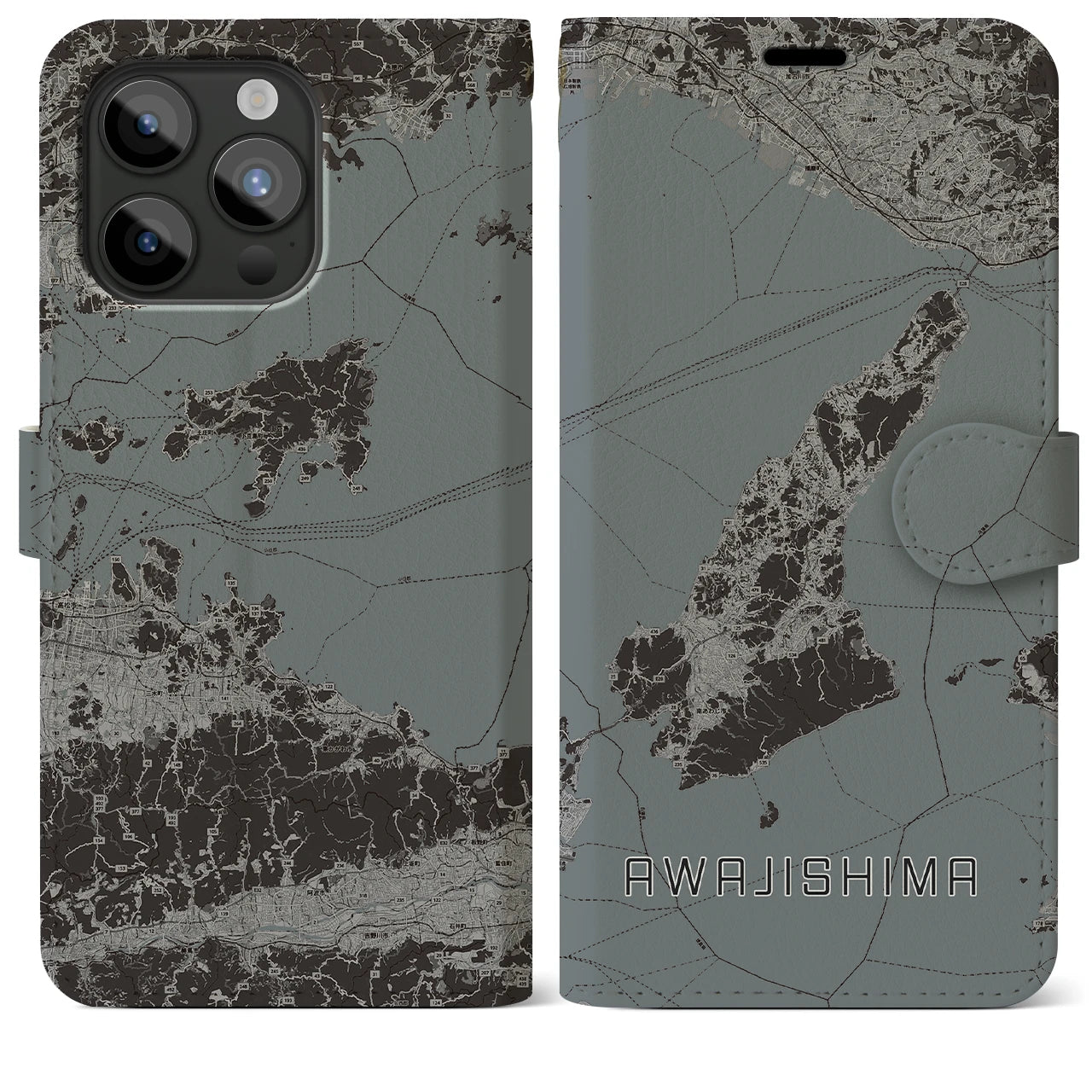 【淡路島2(兵庫県)】地図柄iPhoneケース(手帳タイプ)モノトーン・iPhone 15 Pro Max 用
