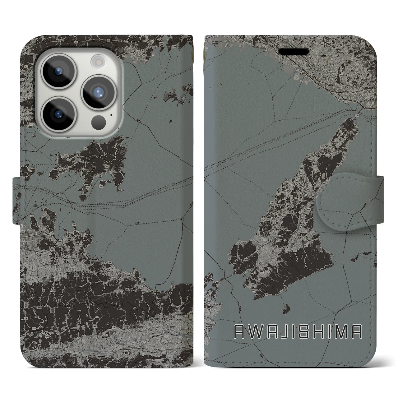【淡路島2(兵庫県)】地図柄iPhoneケース(手帳タイプ)モノトーン・iPhone 15 Pro 用