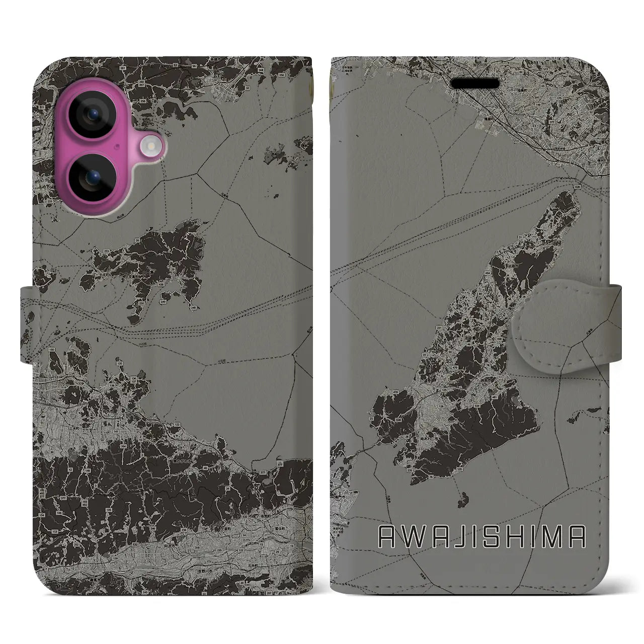 【淡路島2(兵庫県)】地図柄iPhoneケース(手帳タイプ)モノトーン・iPhone 16 Pro 用