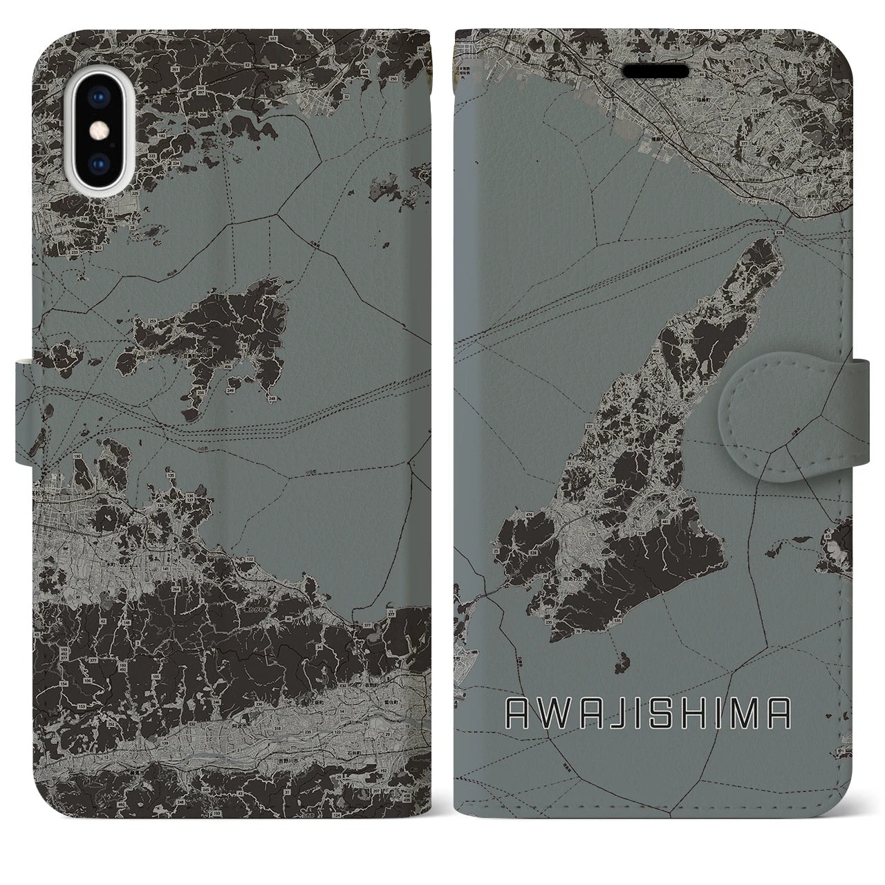 【淡路島2(兵庫県)】地図柄iPhoneケース(手帳タイプ)モノトーン・iPhone XS Max 用