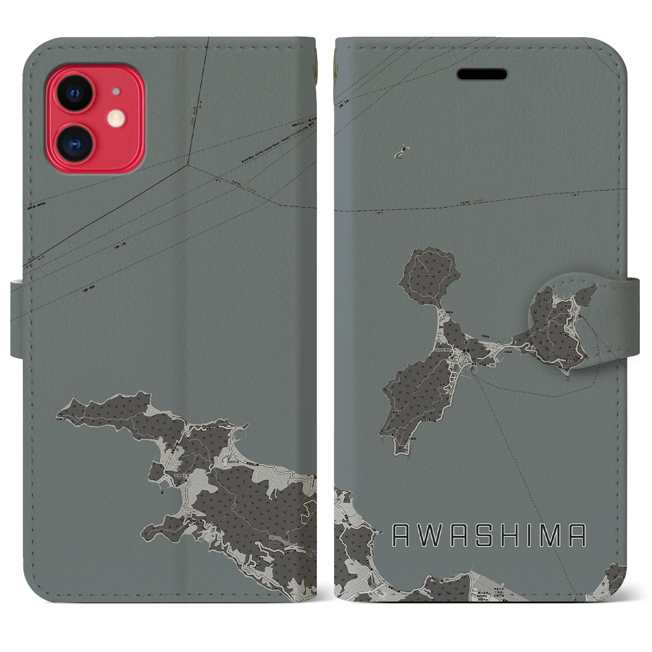 【粟島(香川県)】地図柄iPhoneケース(手帳タイプ)モノトーン・iPhone 11 用
