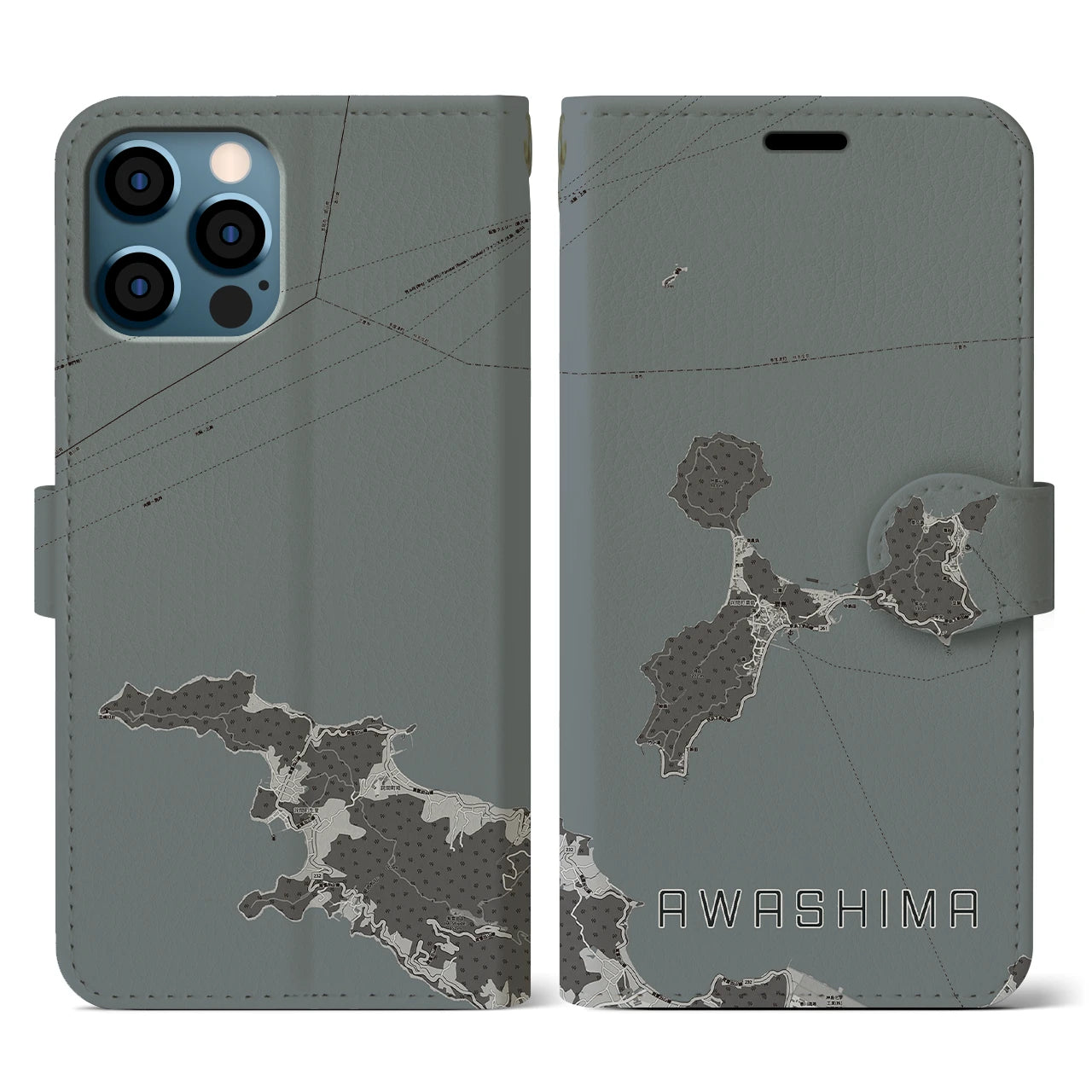 【粟島(香川県)】地図柄iPhoneケース(手帳タイプ)モノトーン・iPhone 12 / 12 Pro 用