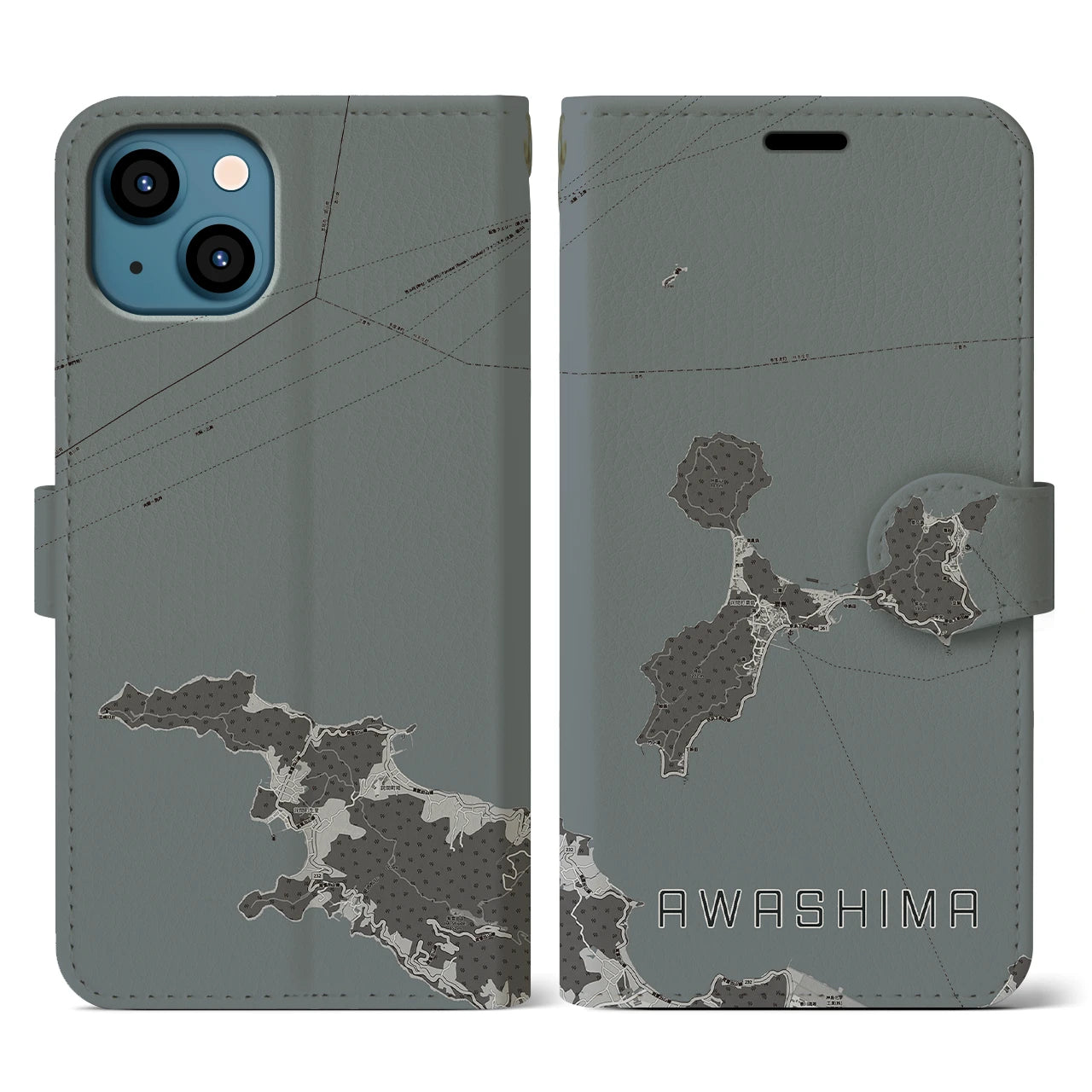 【粟島(香川県)】地図柄iPhoneケース(手帳タイプ)モノトーン・iPhone 13 用