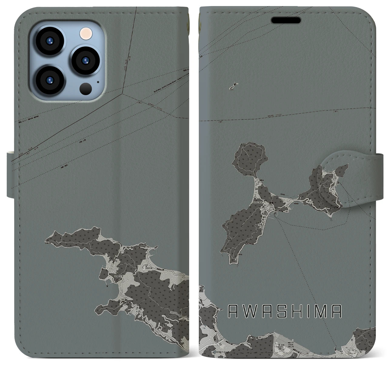 【粟島(香川県)】地図柄iPhoneケース(手帳タイプ)モノトーン・iPhone 13 Pro Max 用