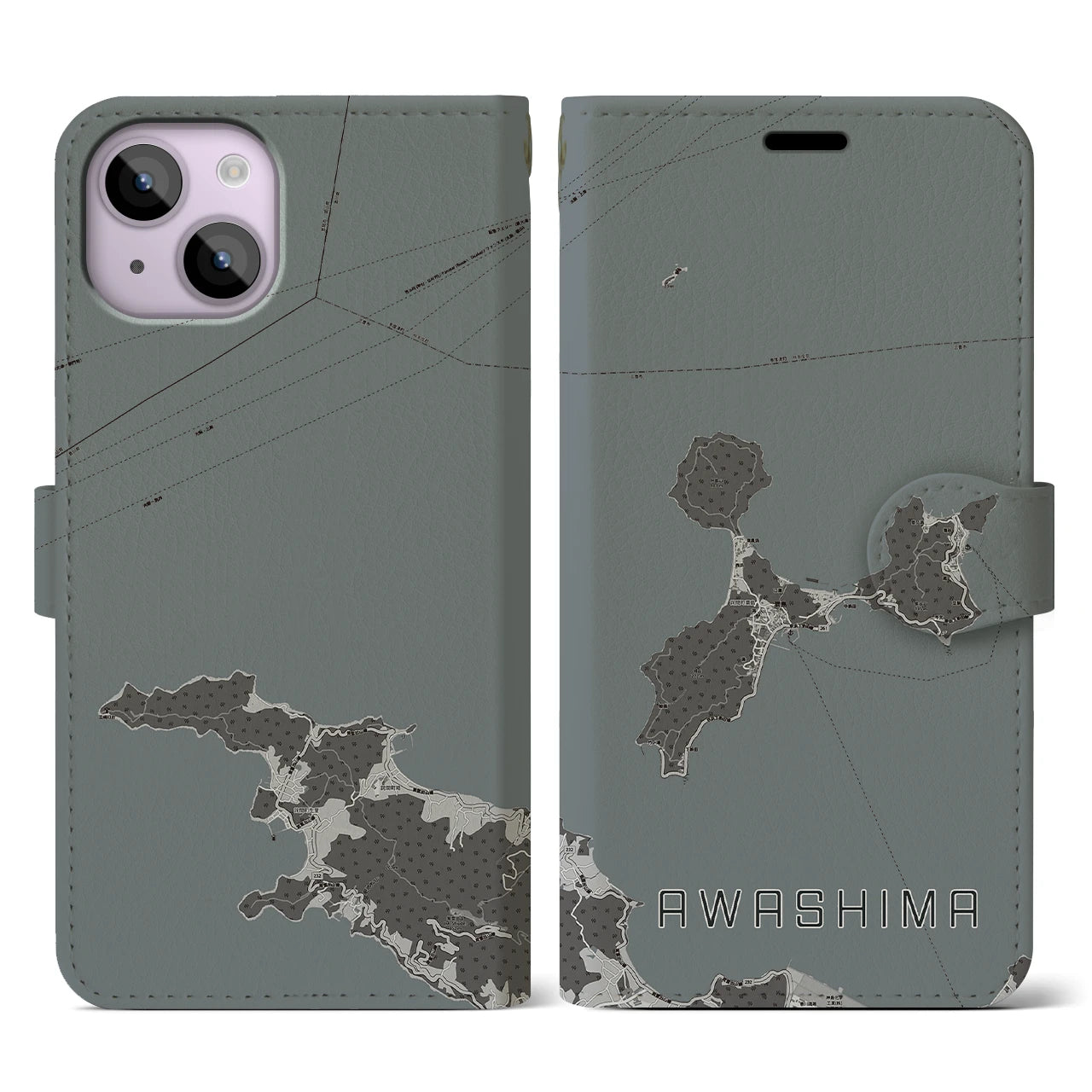 【粟島(香川県)】地図柄iPhoneケース(手帳タイプ)モノトーン・iPhone 14 用