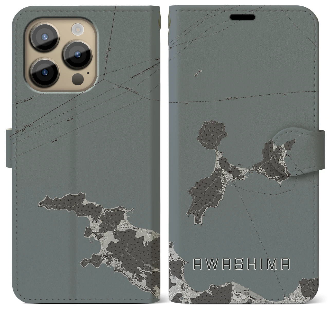 【粟島(香川県)】地図柄iPhoneケース(手帳タイプ)モノトーン・iPhone 14 Pro Max 用