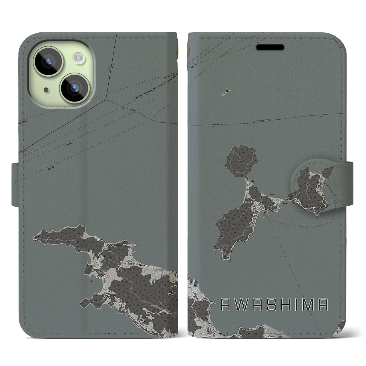 【粟島(香川県)】地図柄iPhoneケース(手帳タイプ)モノトーン・iPhone 15 用