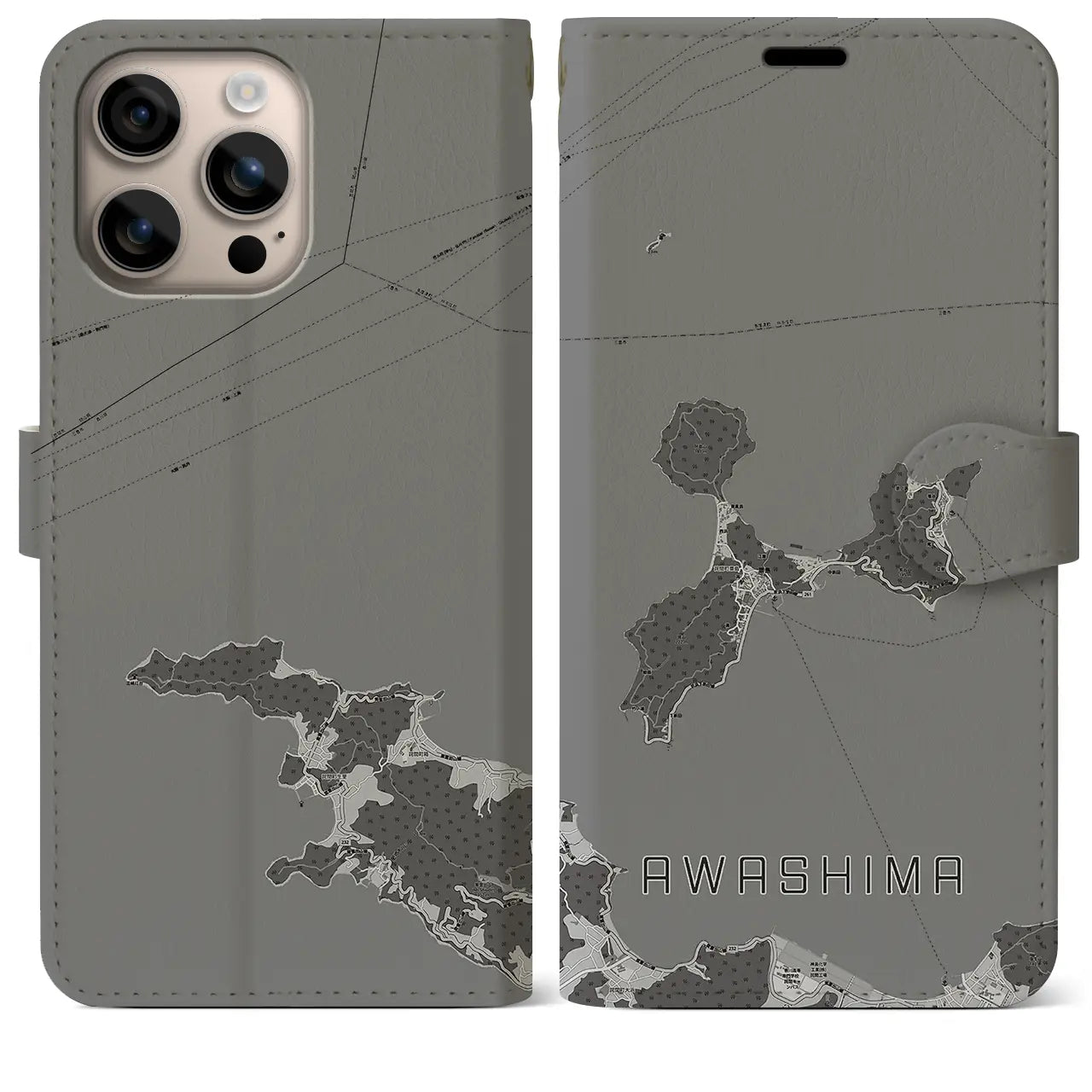 【粟島(香川県)】地図柄iPhoneケース(手帳タイプ)モノトーン・iPhone 16 Plus 用