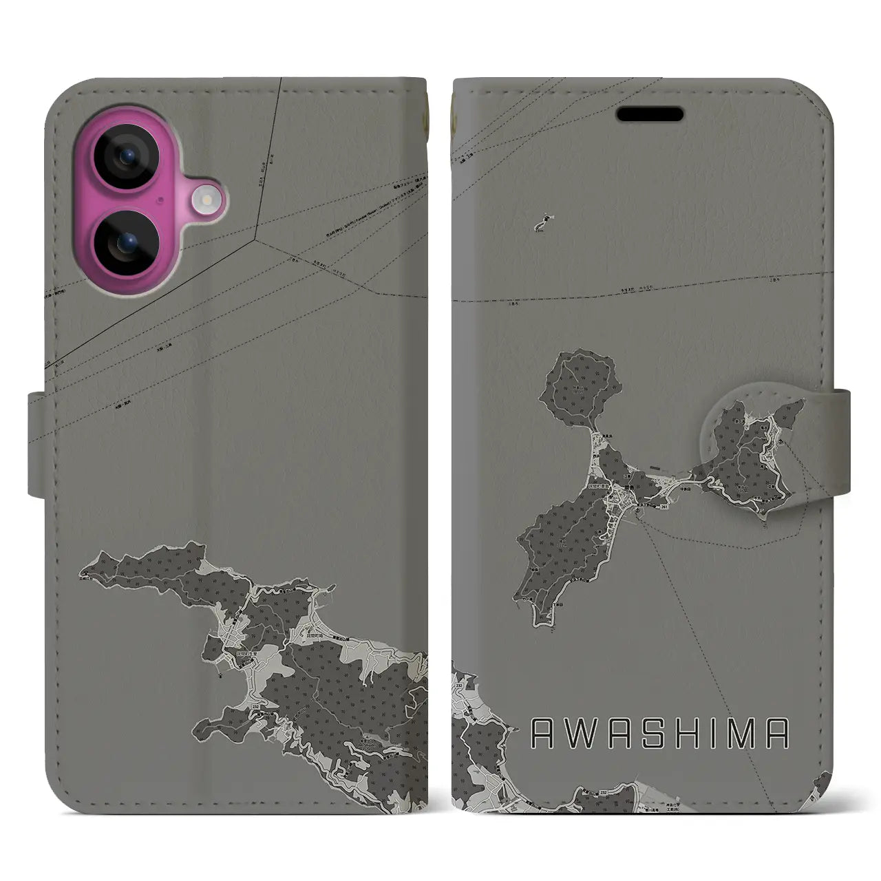 【粟島(香川県)】地図柄iPhoneケース(手帳タイプ)モノトーン・iPhone 16 Pro 用