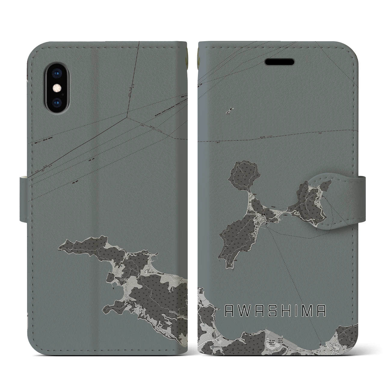 【粟島(香川県)】地図柄iPhoneケース(手帳タイプ)モノトーン・iPhone XS / X 用