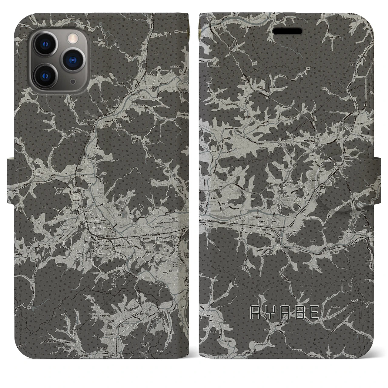 【綾部(京都府)】地図柄iPhoneケース(手帳タイプ)モノトーン・iPhone 11 Pro Max 用