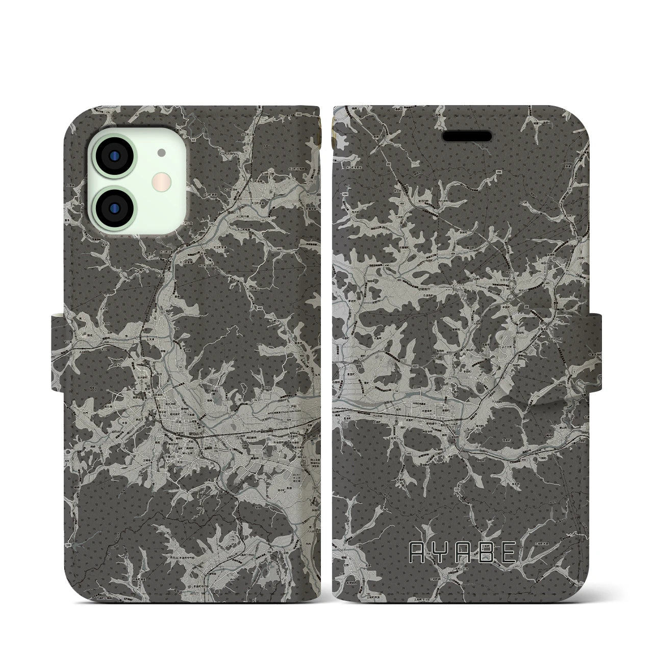【綾部(京都府)】地図柄iPhoneケース(手帳タイプ)モノトーン・iPhone 12 mini 用