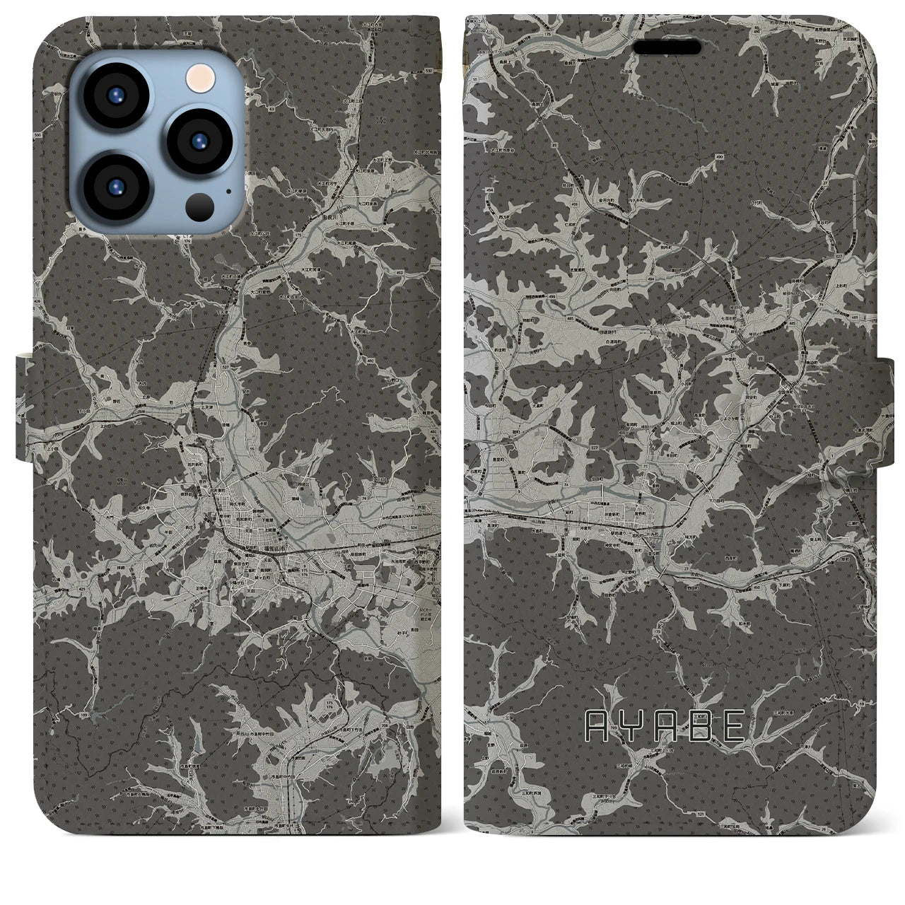 【綾部(京都府)】地図柄iPhoneケース(手帳タイプ)モノトーン・iPhone 13 Pro Max 用