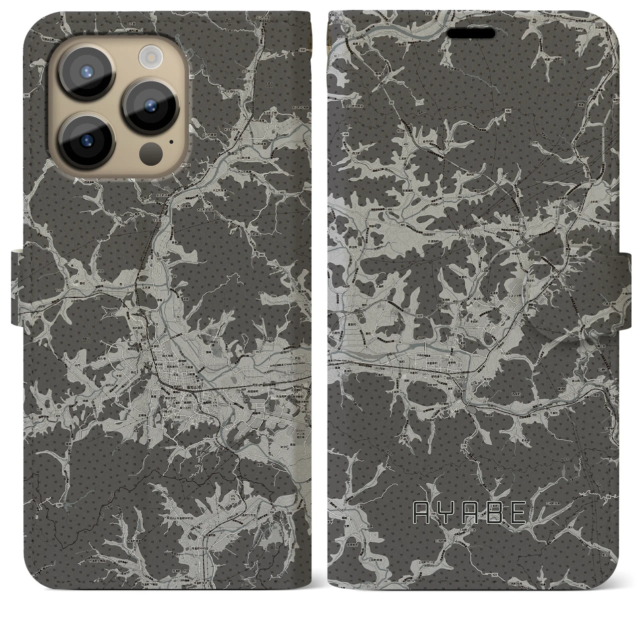 【綾部(京都府)】地図柄iPhoneケース(手帳タイプ)モノトーン・iPhone 14 Pro Max 用