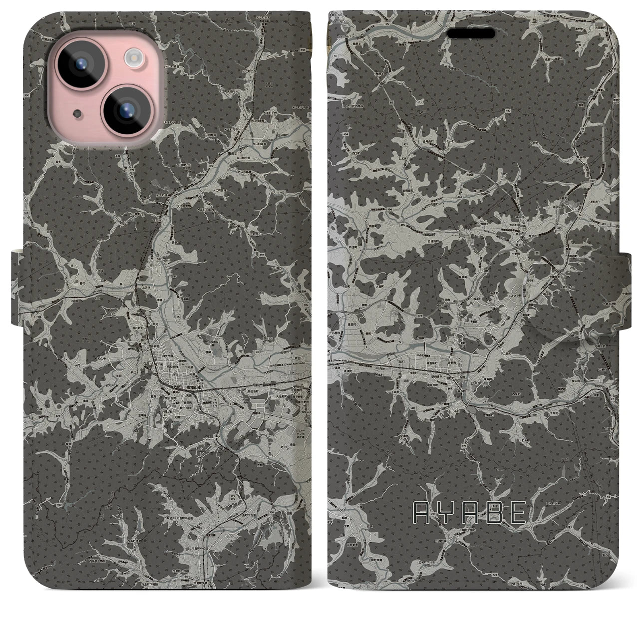 【綾部(京都府)】地図柄iPhoneケース(手帳タイプ)モノトーン・iPhone 15 Plus 用