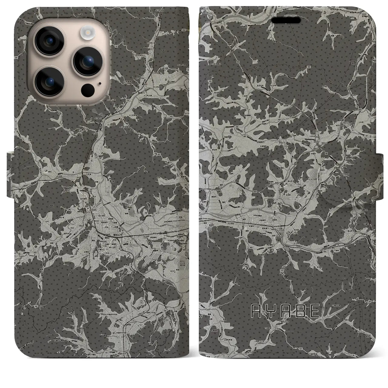 【綾部(京都府)】地図柄iPhoneケース(手帳タイプ)モノトーン・iPhone 16 Plus 用