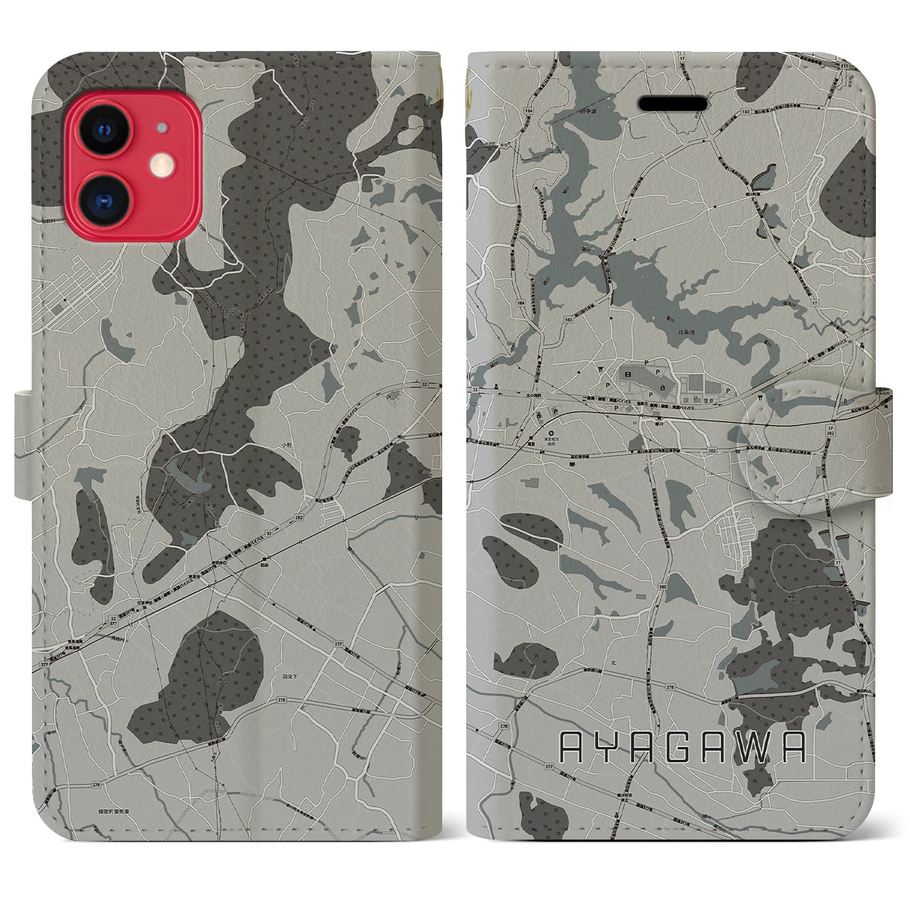 【綾川(香川県)】地図柄iPhoneケース(手帳タイプ)モノトーン・iPhone 11 用