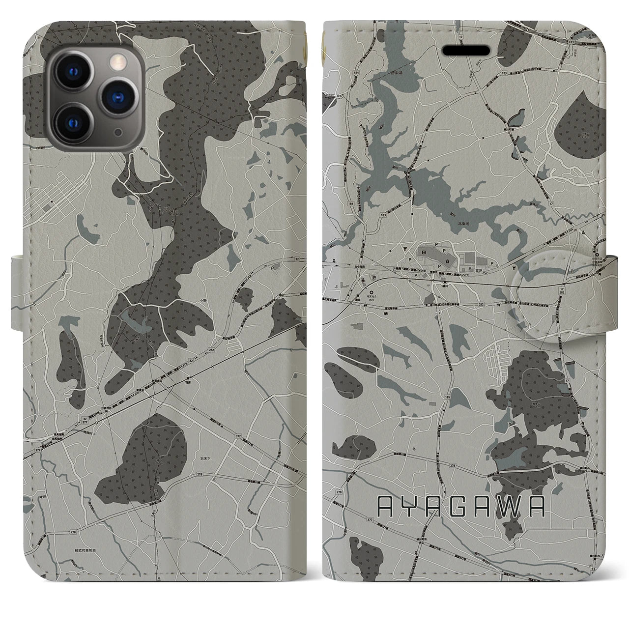 【綾川(香川県)】地図柄iPhoneケース(手帳タイプ)モノトーン・iPhone 11 Pro Max 用