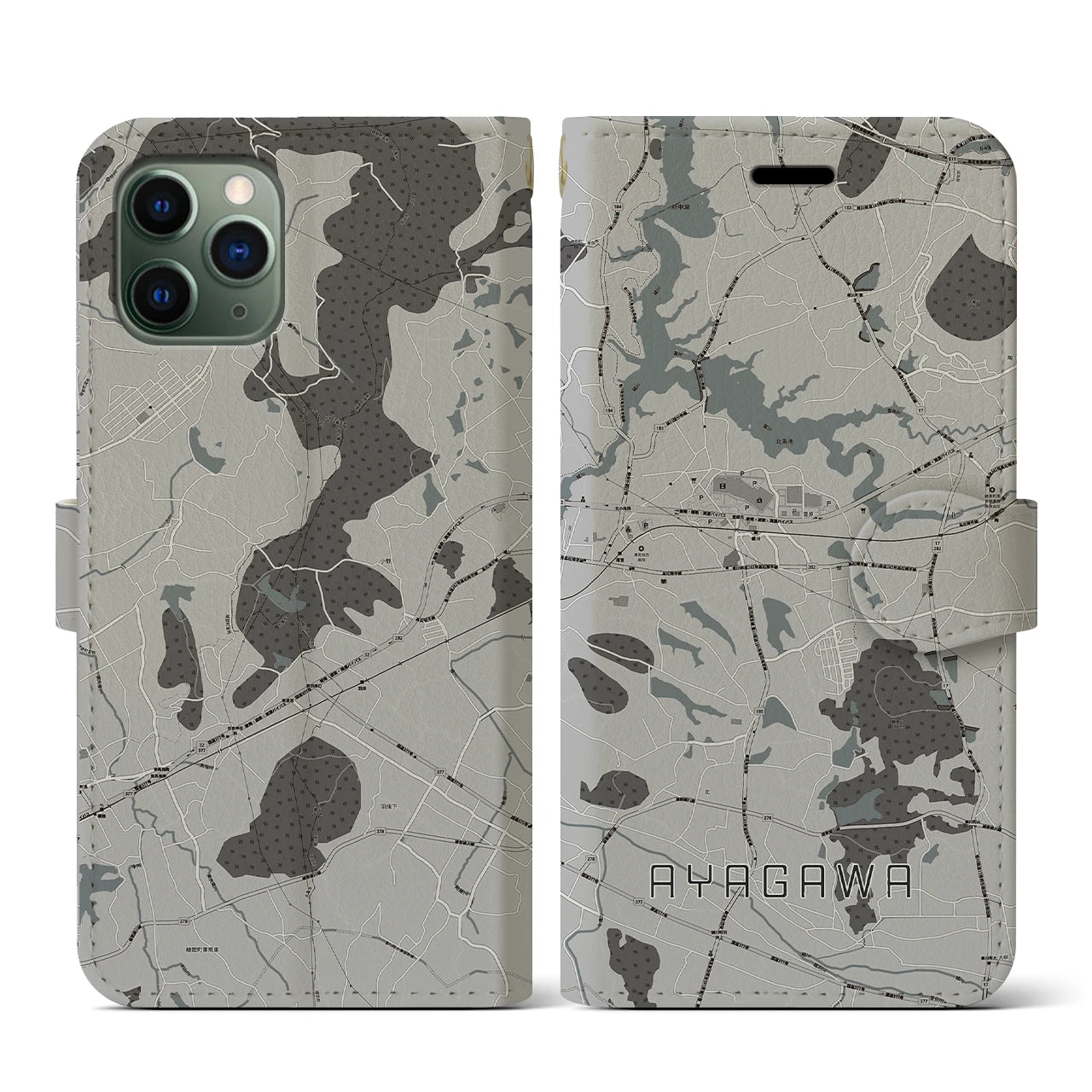 【綾川(香川県)】地図柄iPhoneケース(手帳タイプ)モノトーン・iPhone 11 Pro 用