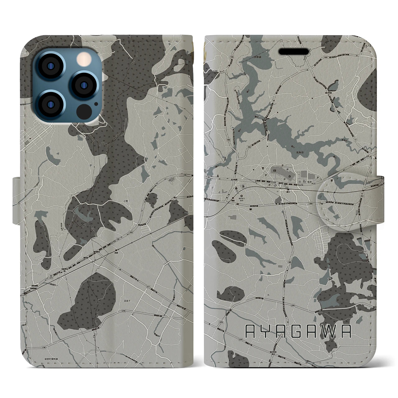 【綾川(香川県)】地図柄iPhoneケース(手帳タイプ)モノトーン・iPhone 12 / 12 Pro 用