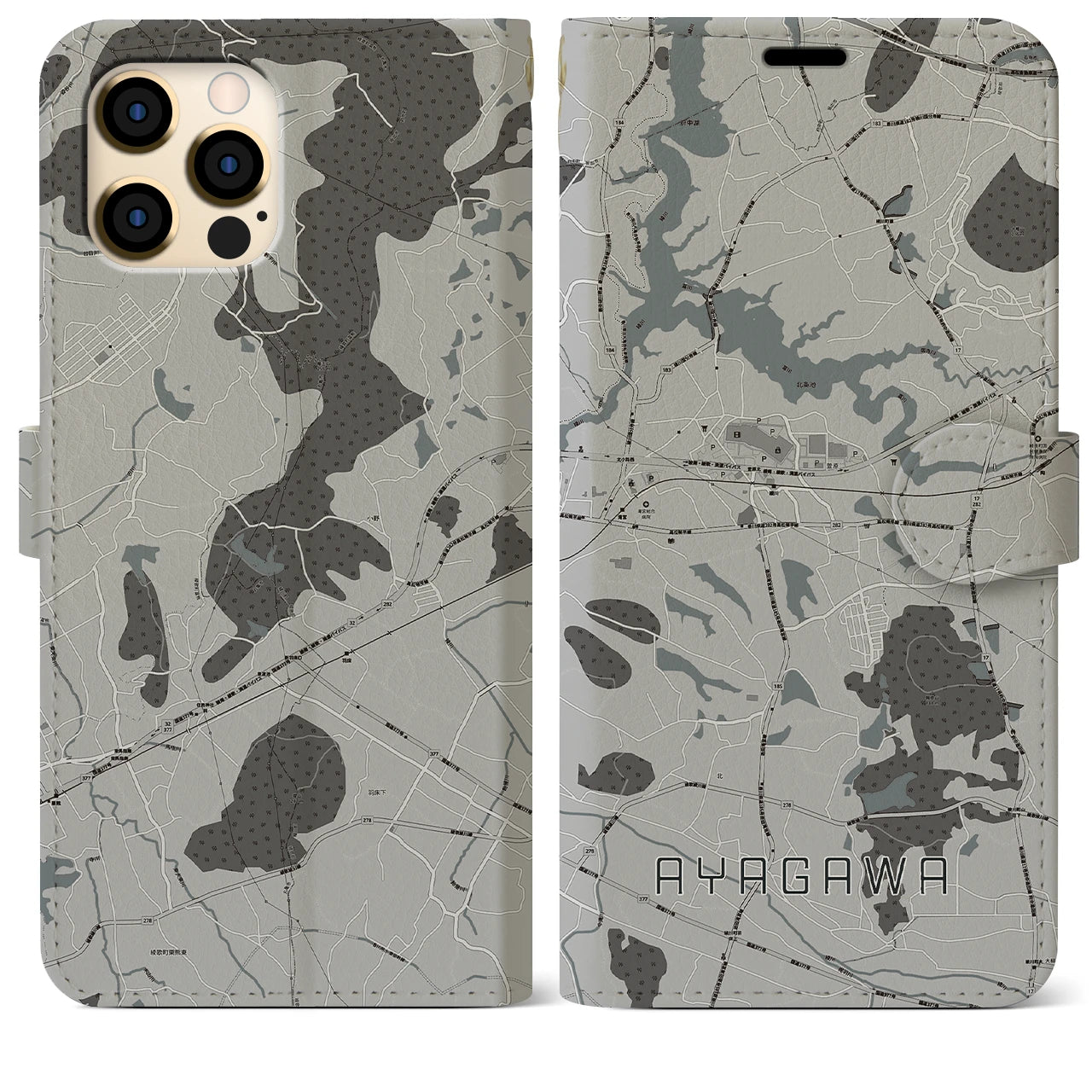 【綾川(香川県)】地図柄iPhoneケース(手帳タイプ)モノトーン・iPhone 12 Pro Max 用