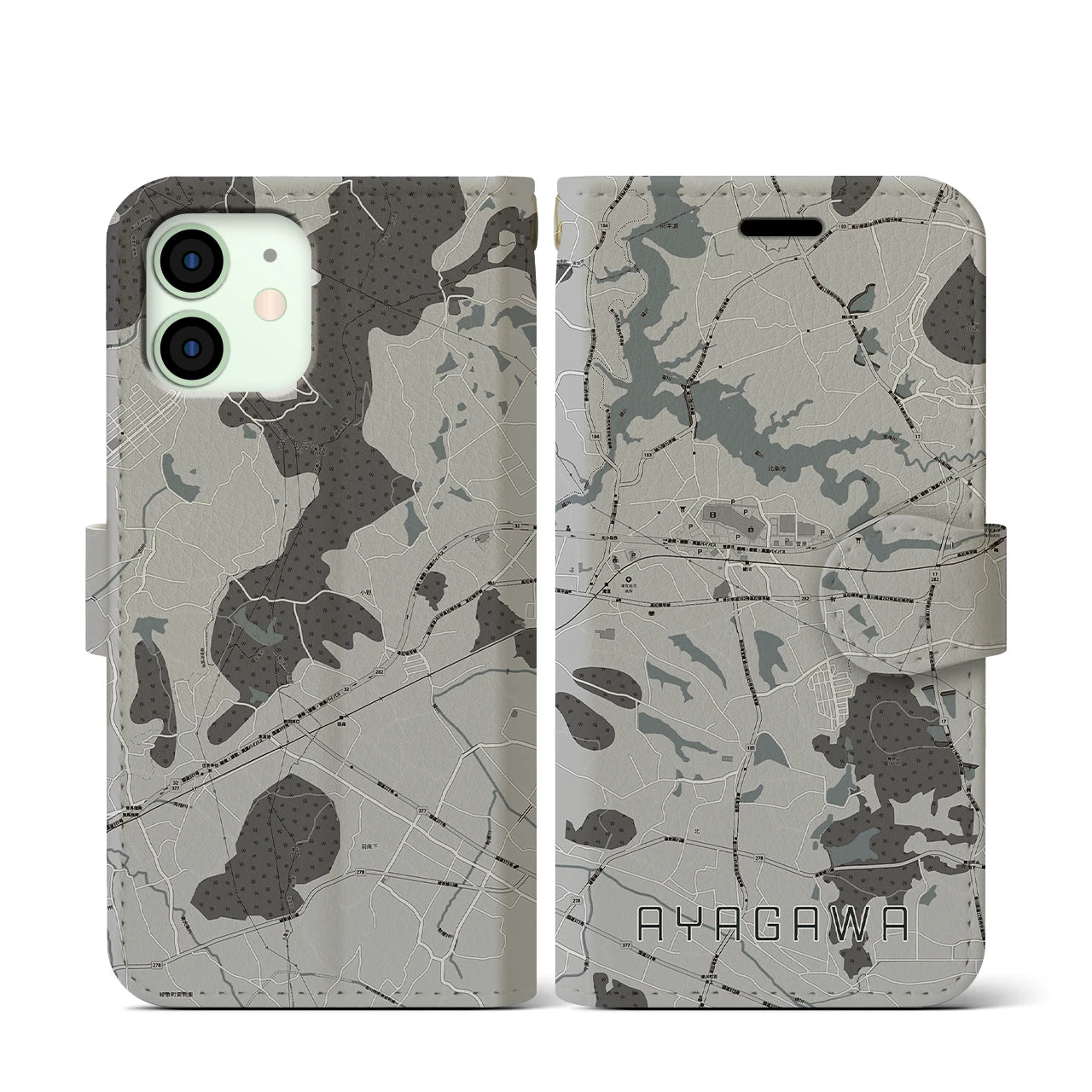 【綾川(香川県)】地図柄iPhoneケース(手帳タイプ)モノトーン・iPhone 12 mini 用