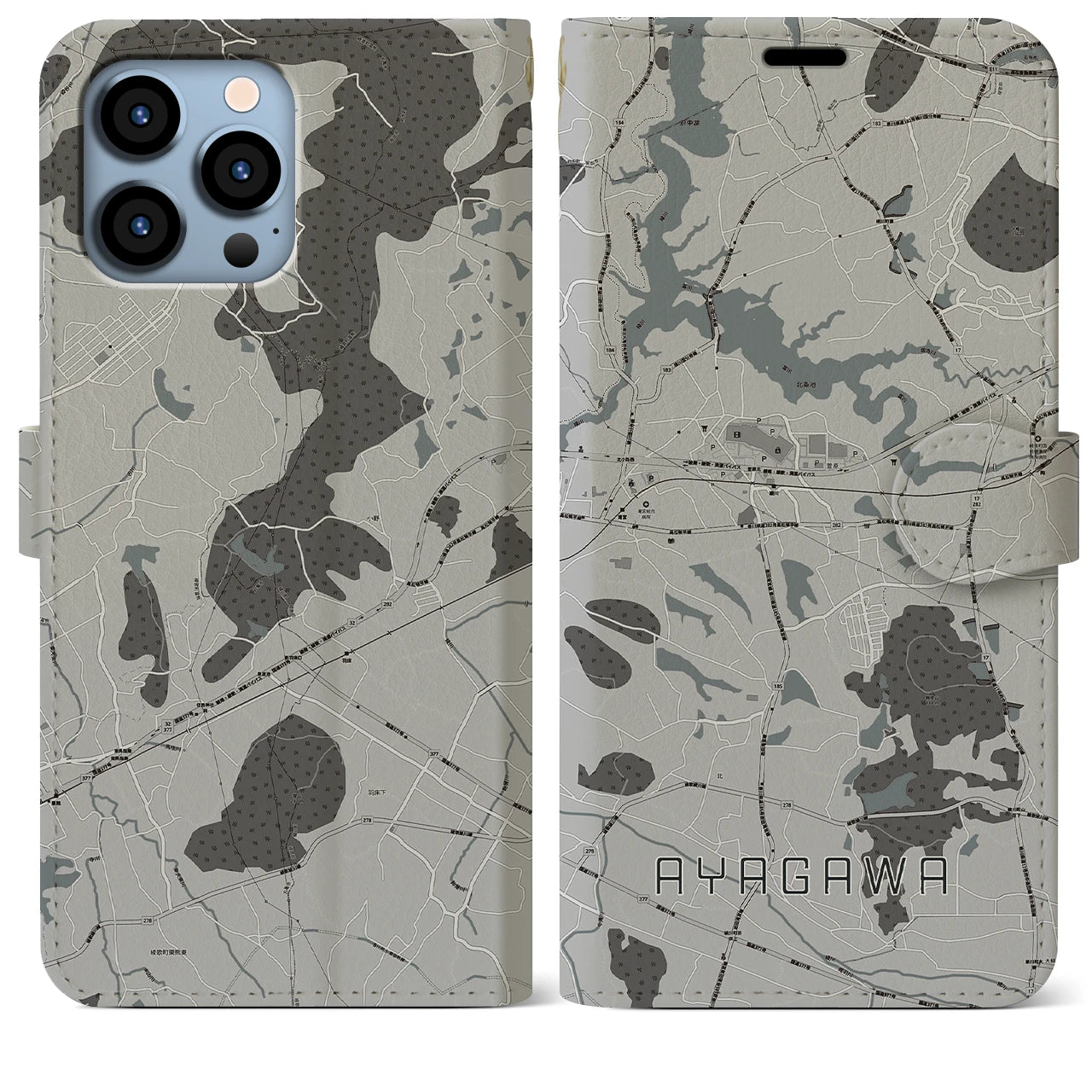 【綾川(香川県)】地図柄iPhoneケース(手帳タイプ)モノトーン・iPhone 13 Pro Max 用