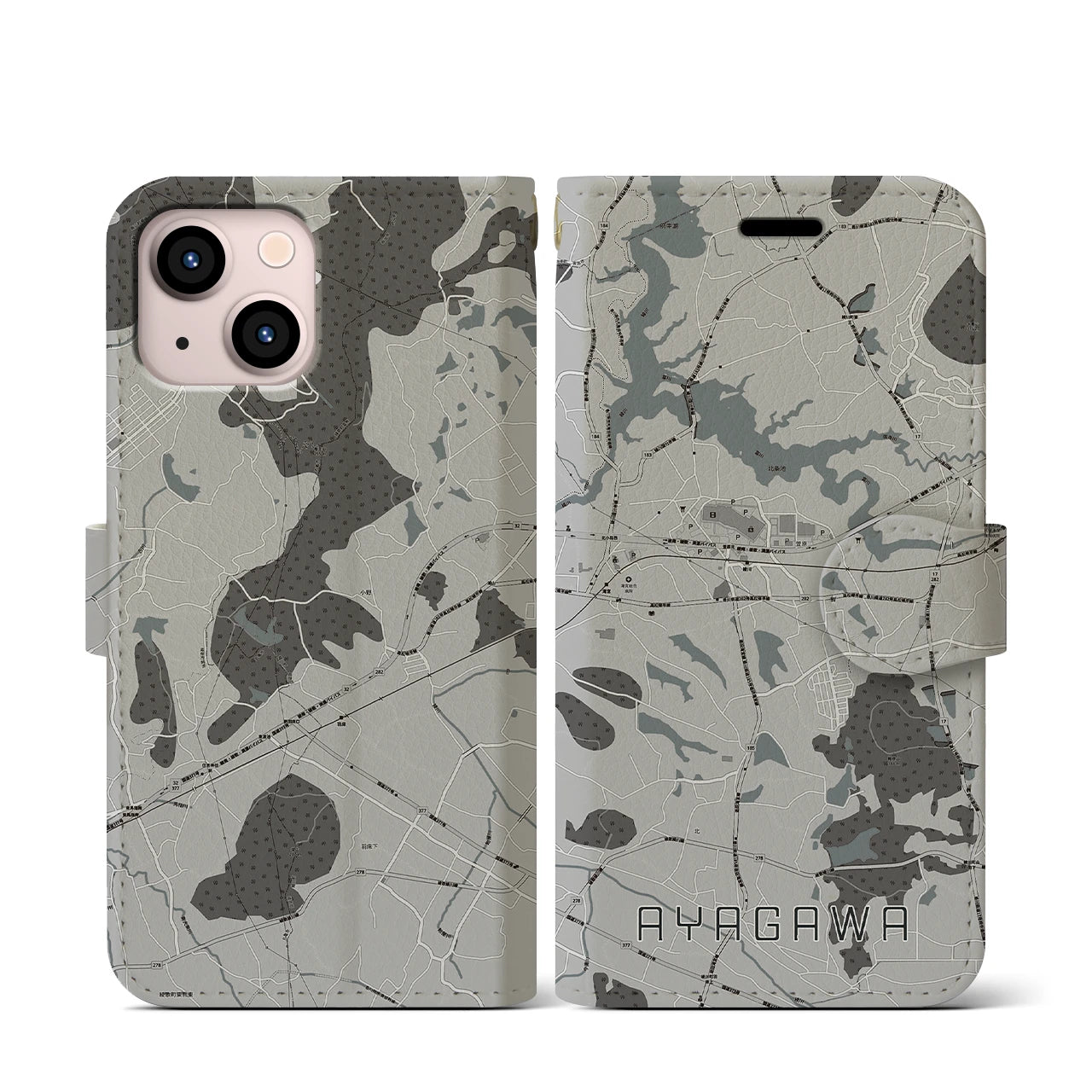 【綾川(香川県)】地図柄iPhoneケース(手帳タイプ)モノトーン・iPhone 13 mini 用