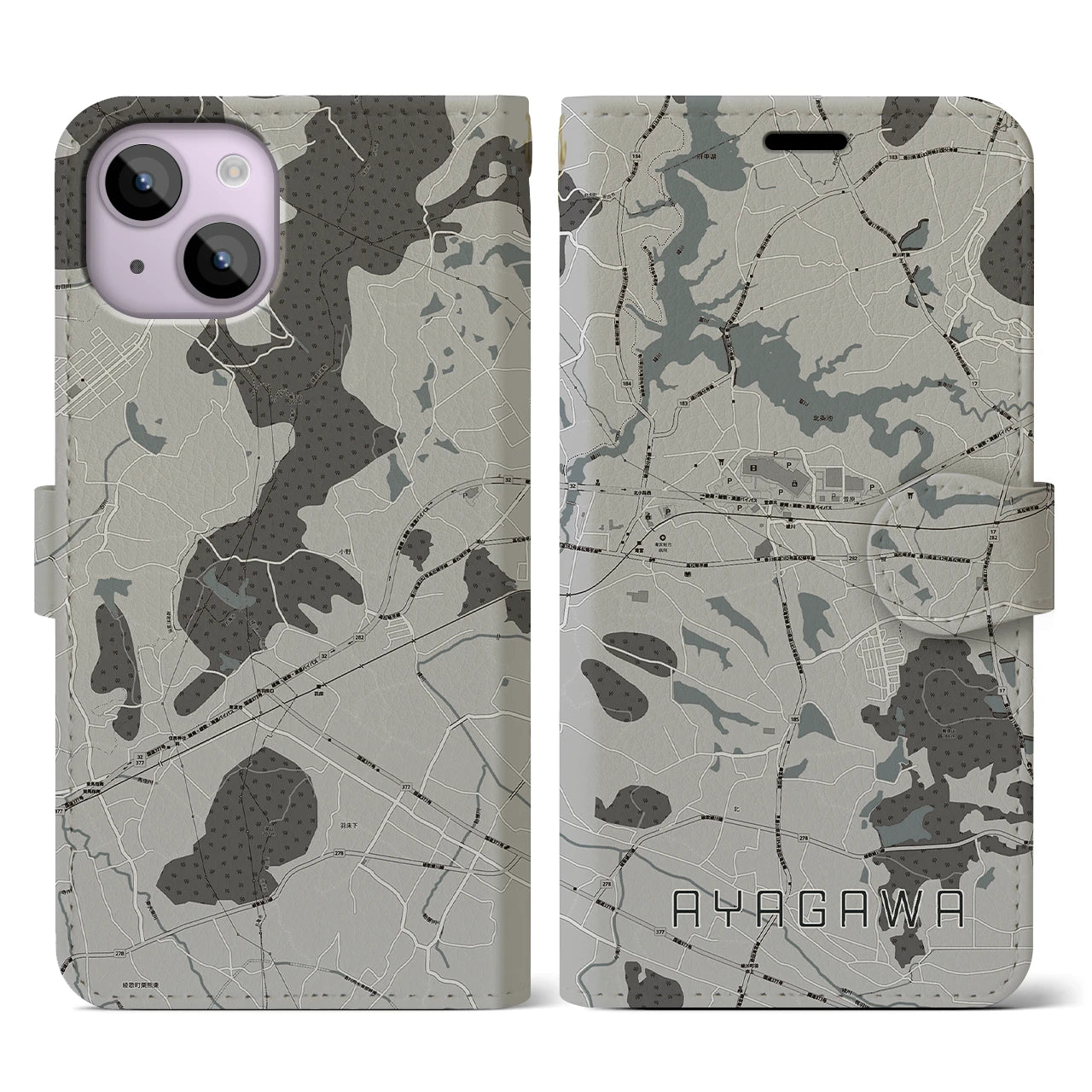 【綾川(香川県)】地図柄iPhoneケース(手帳タイプ)モノトーン・iPhone 14 用