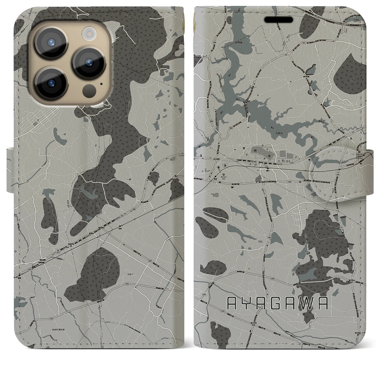 【綾川(香川県)】地図柄iPhoneケース(手帳タイプ)モノトーン・iPhone 14 Pro Max 用