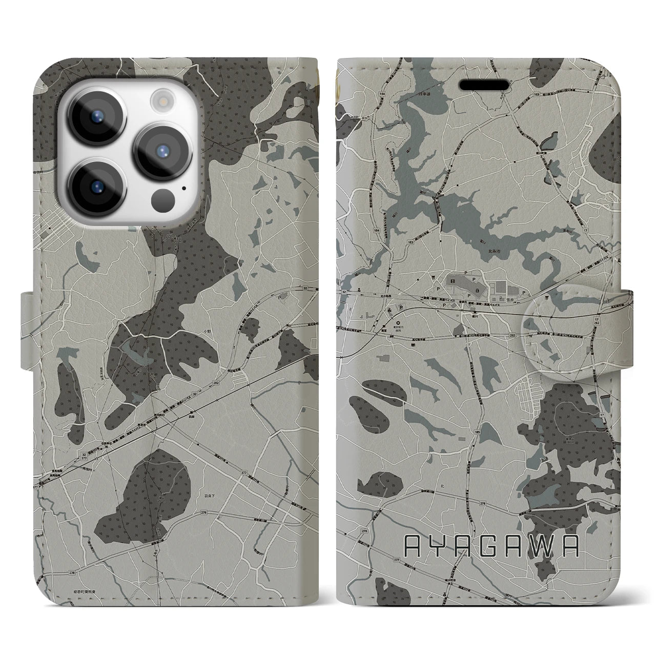 【綾川(香川県)】地図柄iPhoneケース(手帳タイプ)モノトーン・iPhone 14 Pro 用