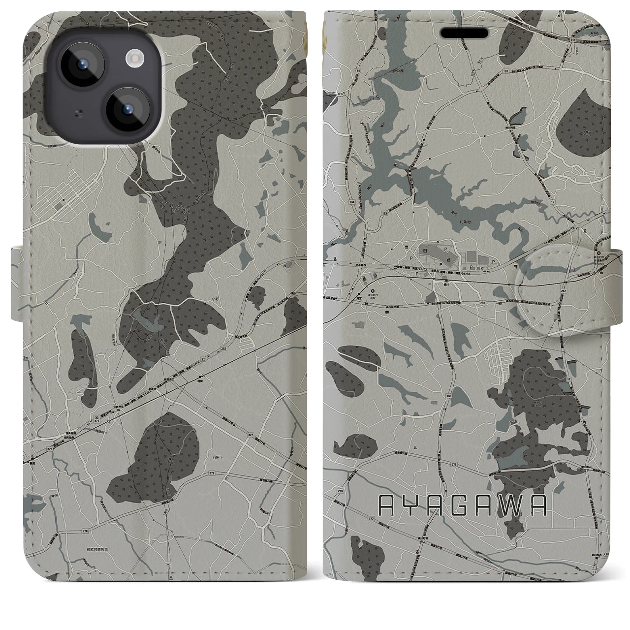 【綾川(香川県)】地図柄iPhoneケース(手帳タイプ)モノトーン・iPhone 14 Plus 用