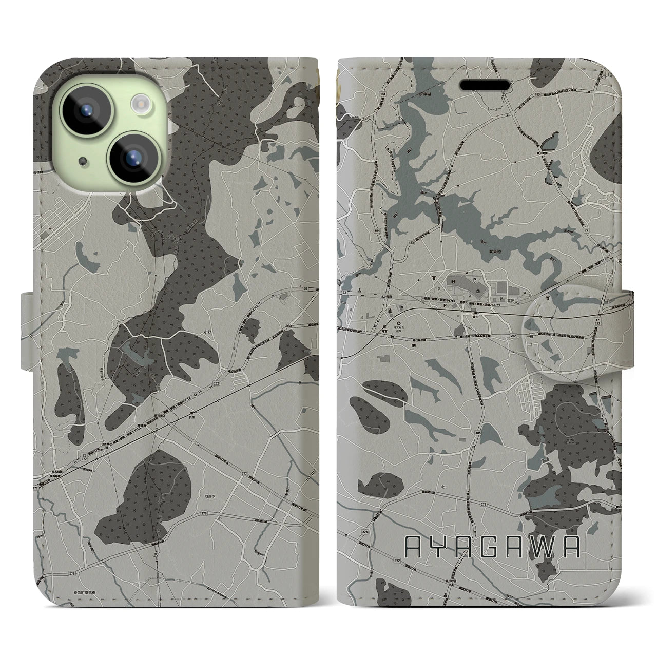 【綾川(香川県)】地図柄iPhoneケース(手帳タイプ)モノトーン・iPhone 15 用