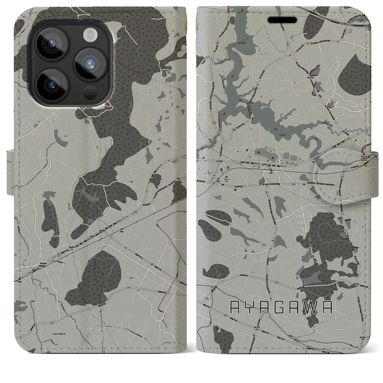 【綾川(香川県)】地図柄iPhoneケース(手帳タイプ)モノトーン・iPhone 15 Pro Max 用