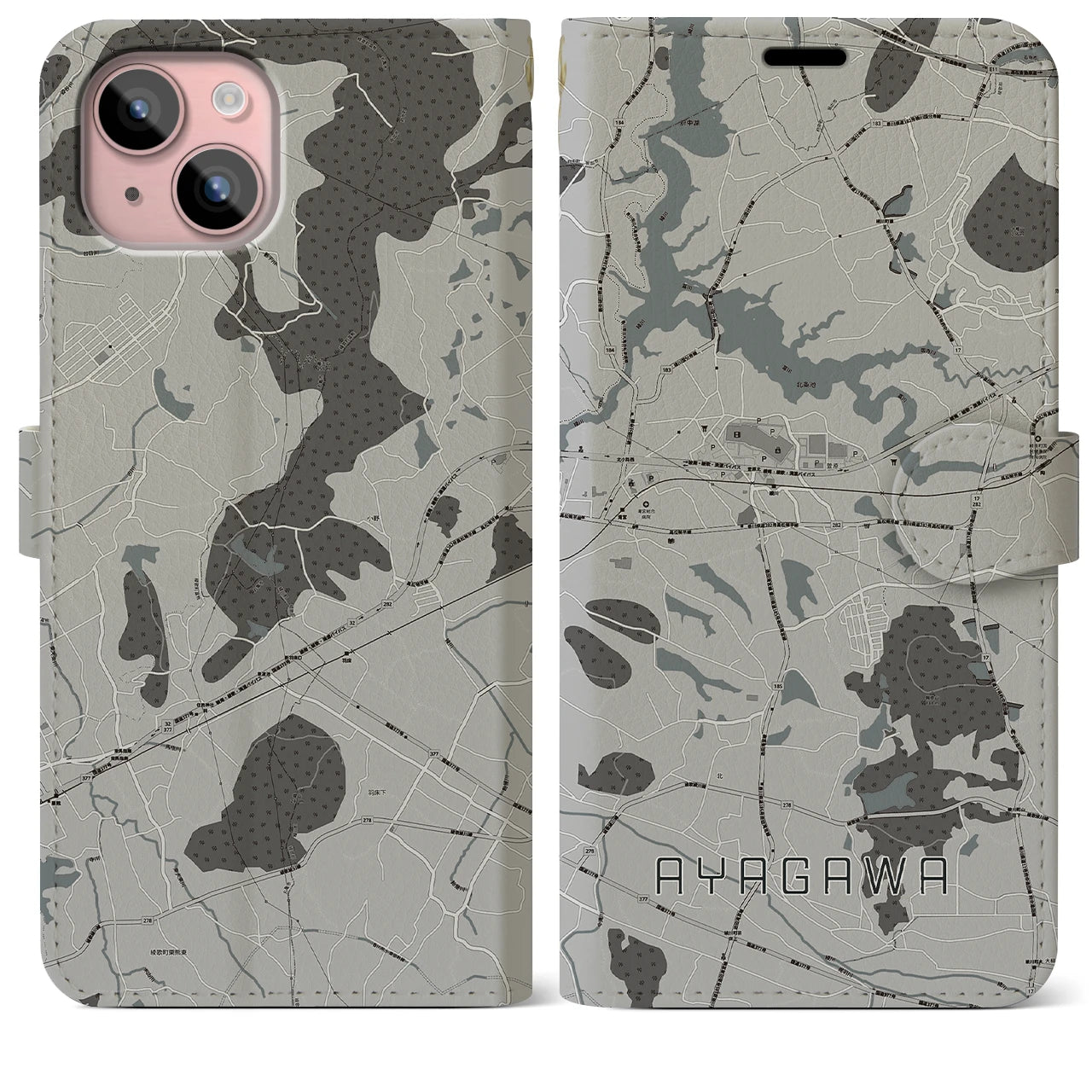 【綾川(香川県)】地図柄iPhoneケース(手帳タイプ)モノトーン・iPhone 15 Plus 用