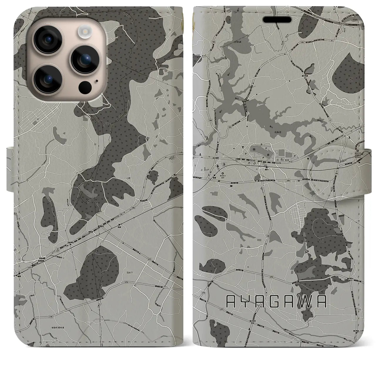 【綾川(香川県)】地図柄iPhoneケース(手帳タイプ)モノトーン・iPhone 16 Plus 用