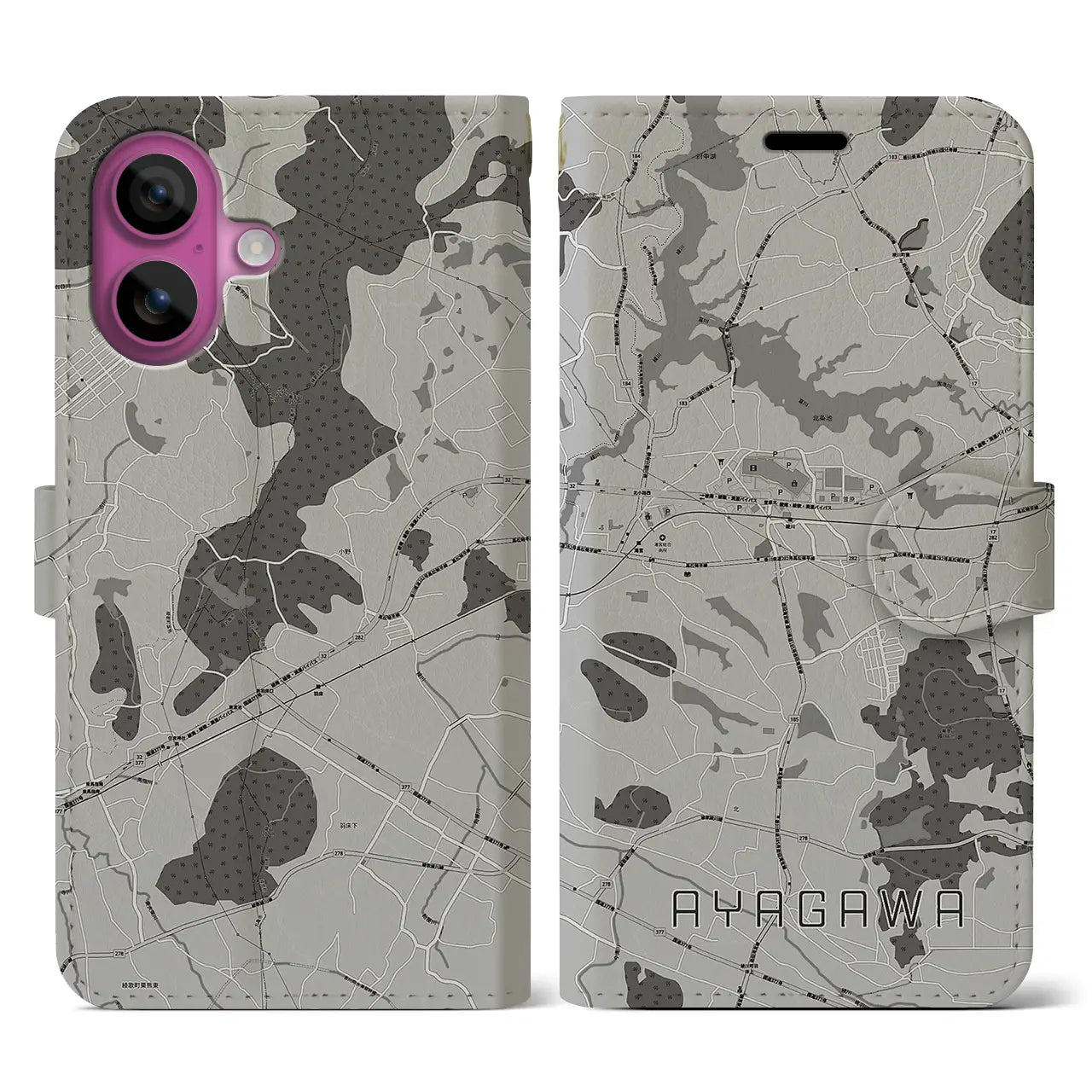 【綾川(香川県)】地図柄iPhoneケース(手帳タイプ)モノトーン・iPhone 16 Pro 用