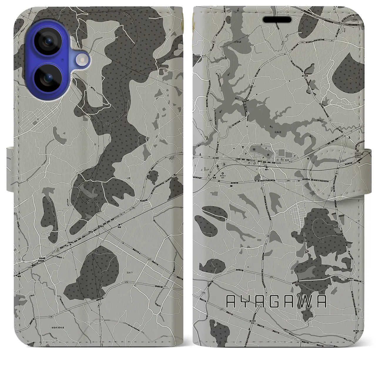 【綾川(香川県)】地図柄iPhoneケース(手帳タイプ)モノトーン・iPhone 16 Pro Max 用