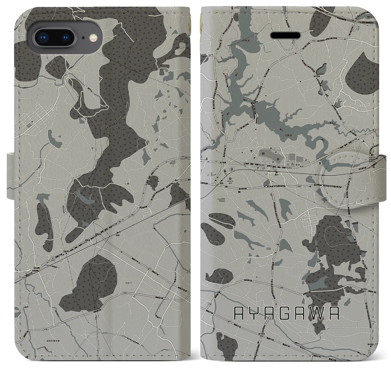 【綾川(香川県)】地図柄iPhoneケース(手帳タイプ)モノトーン・iPhone 8Plus /7Plus / 6sPlus / 6Plus 用