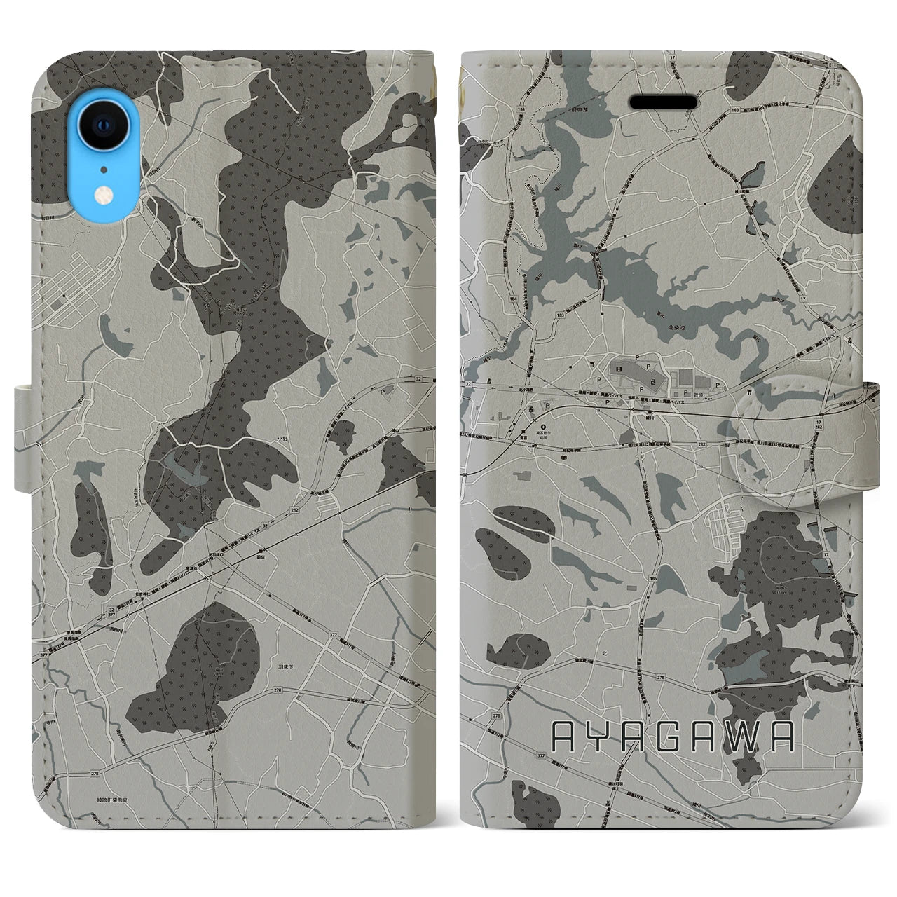 【綾川(香川県)】地図柄iPhoneケース(手帳タイプ)モノトーン・iPhone XR 用