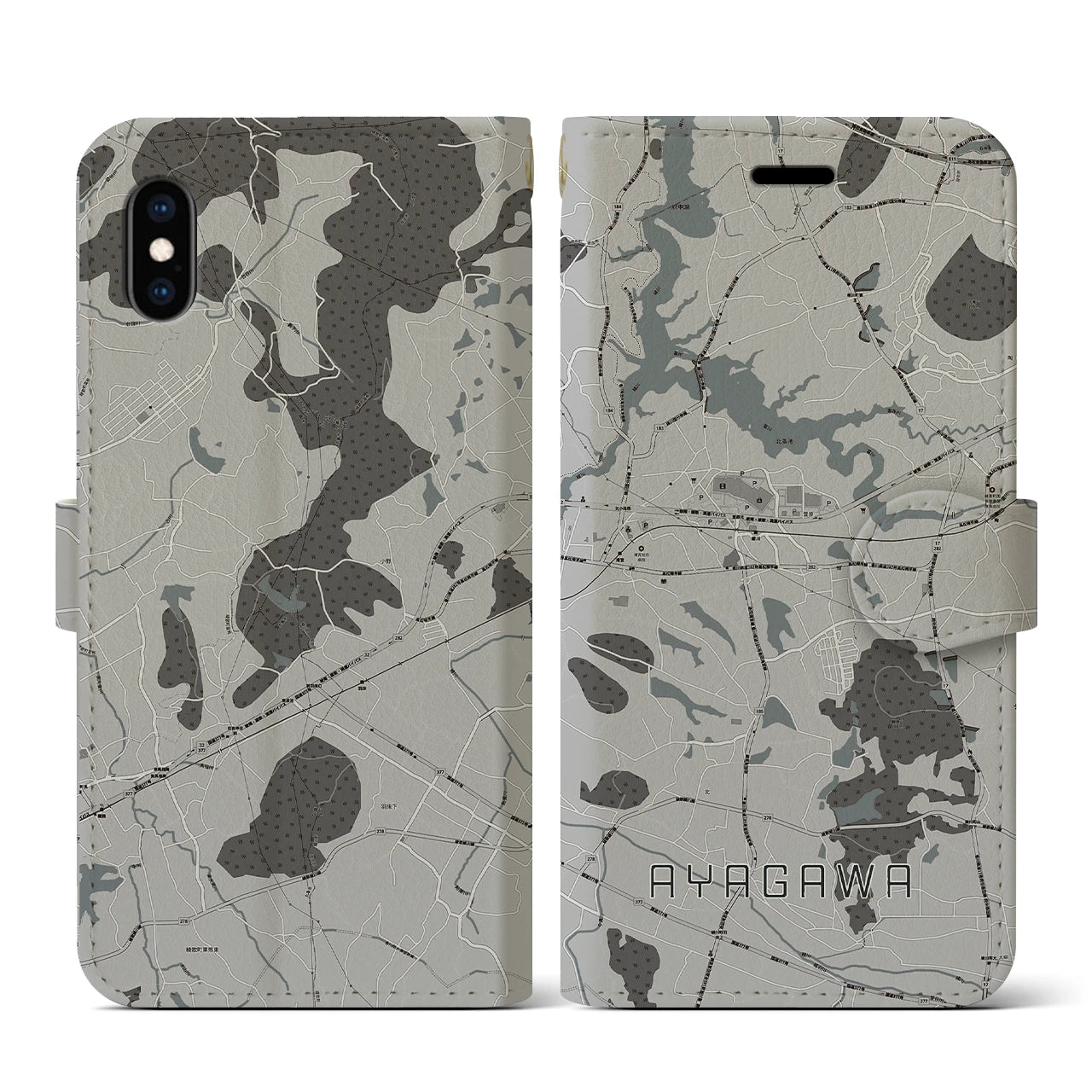 【綾川(香川県)】地図柄iPhoneケース(手帳タイプ)モノトーン・iPhone XS / X 用