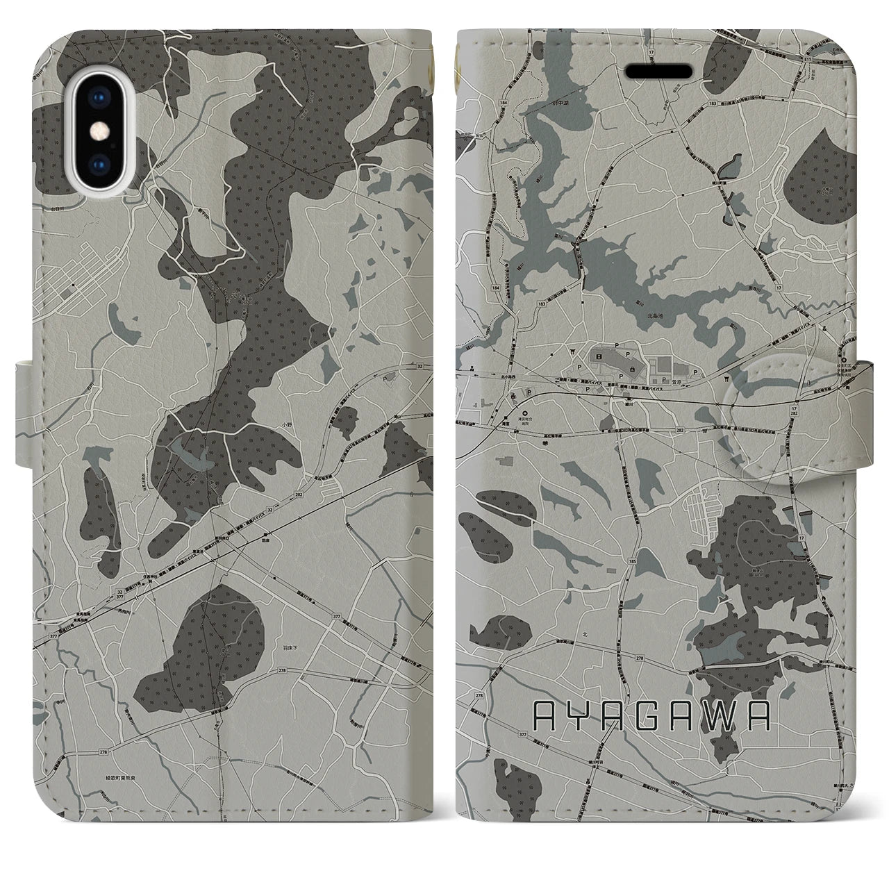 【綾川(香川県)】地図柄iPhoneケース(手帳タイプ)モノトーン・iPhone XS Max 用